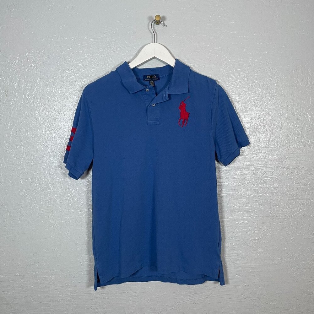 Polo Ralph Lauren Boys XL Blue Red Big Pony #3 Polo Shirt Cotton Preppy Golf